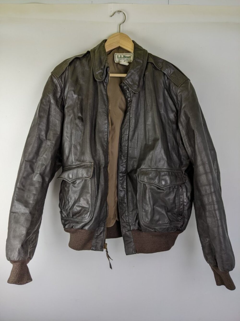 Vintage LL Bean Goatskin Leather Jacket Bomber Men’s 46 Long Brown A2